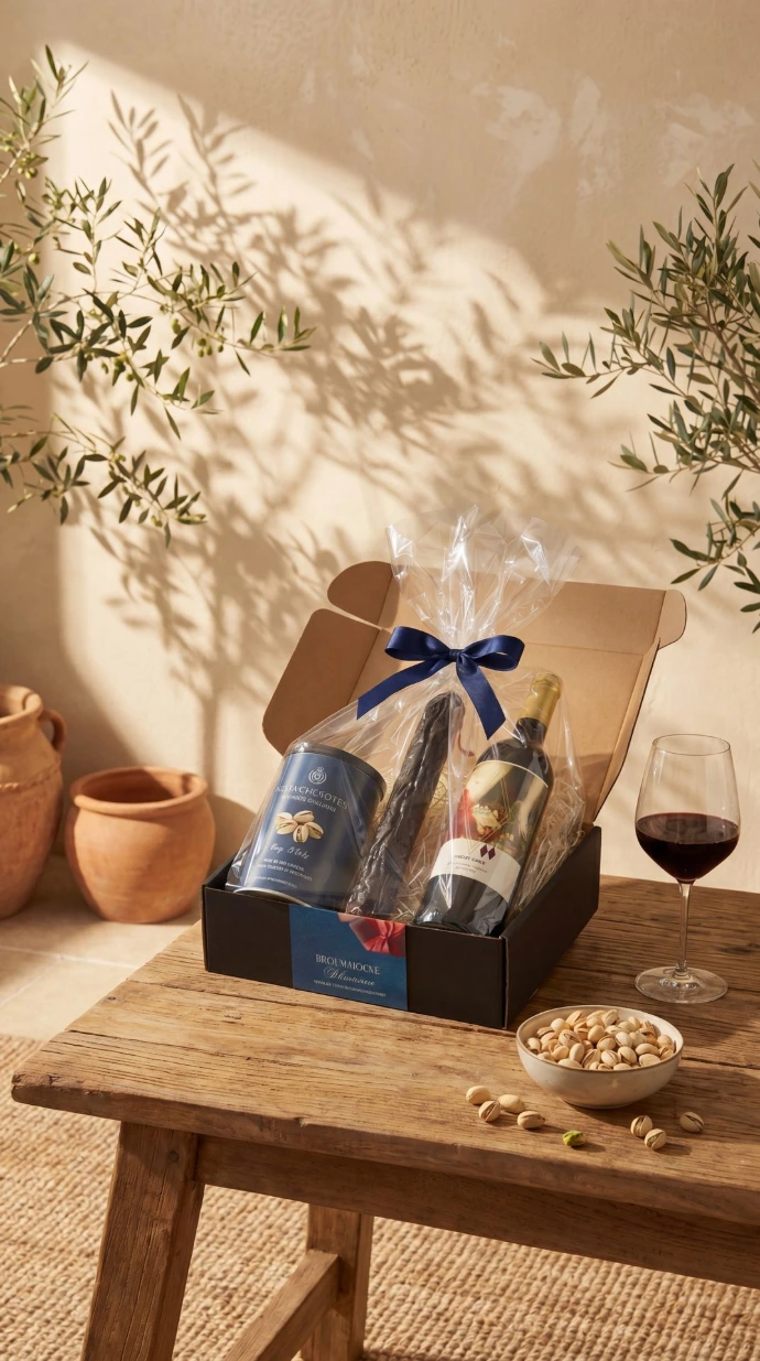 Cadeau met rode wijn en hartige delicatessen