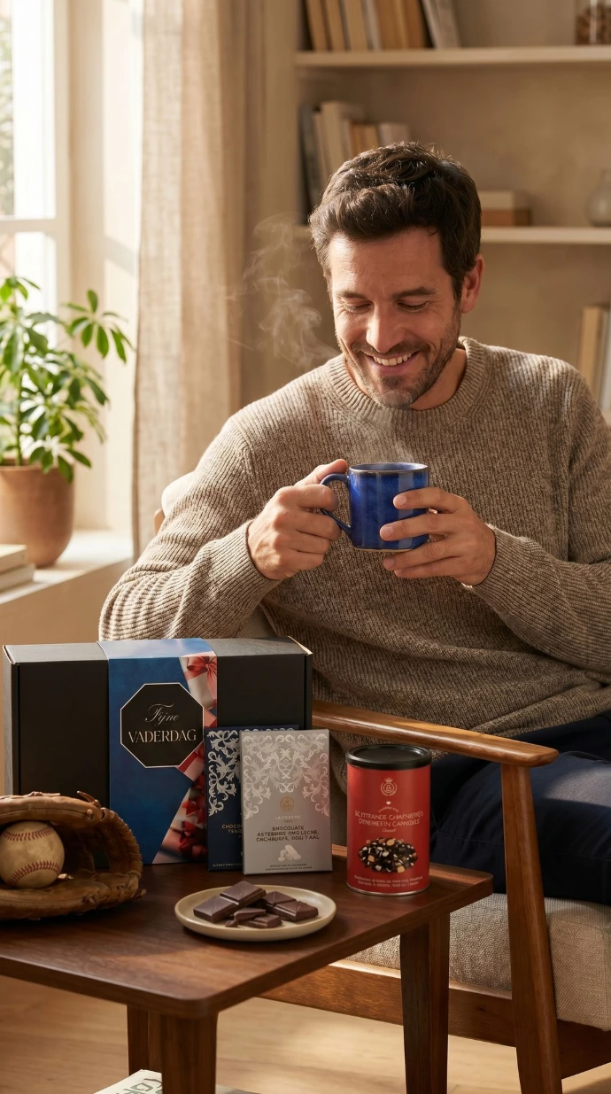 Vaderdag cadeau met karamelthee, chocolade en een theeknijper.