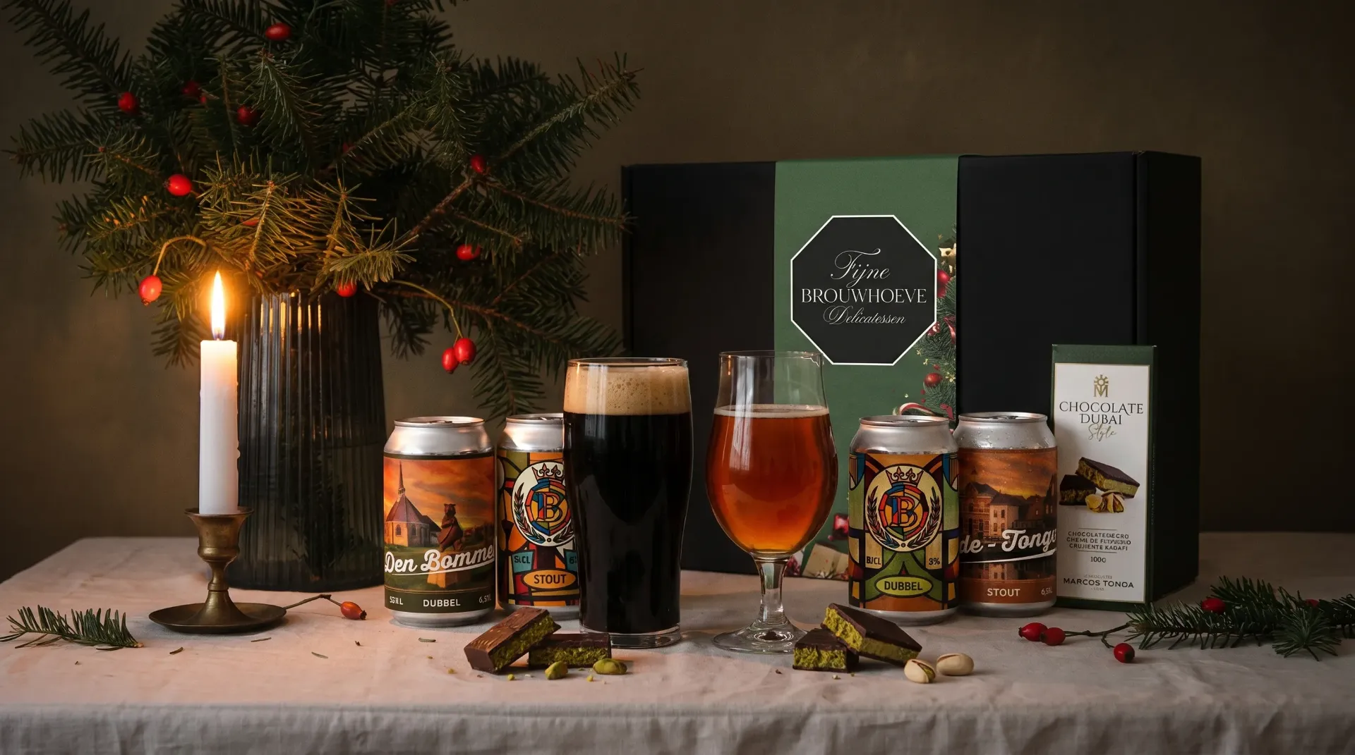 Handverpakte delicatessen in een duurzame kerstverpakking van de Brouwhoeve