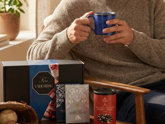 Vaderdag cadeau met karamelthee, chocolade en een theeknijper.