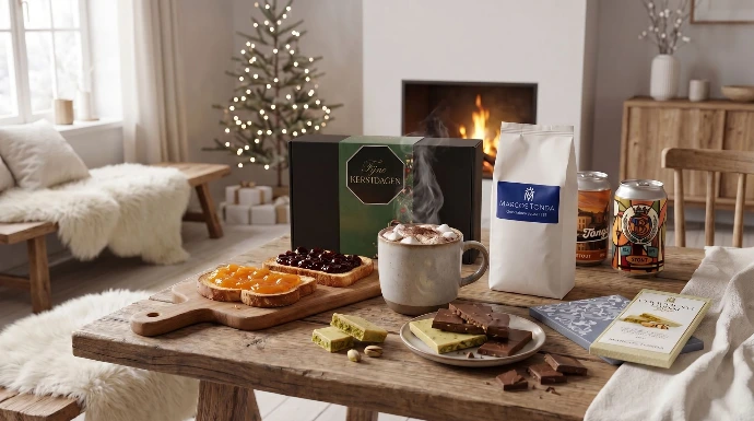 Ambachtelijk samengesteld pakket met de beste kazen en wijnen voor de kerst