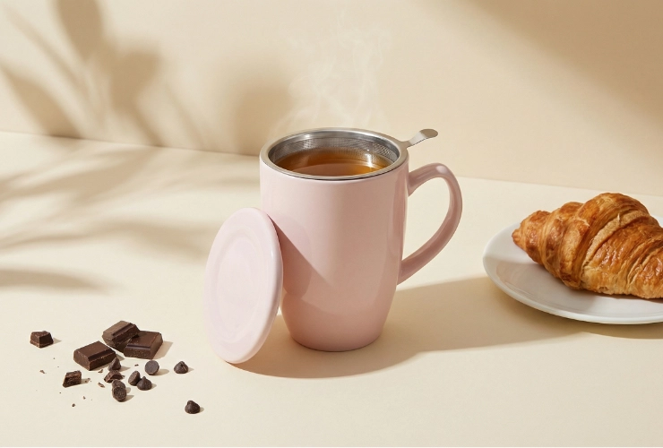 Theemok met filter en deksel - poeder roze